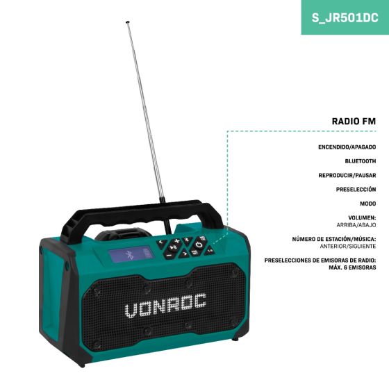 RADIO DE OBRA 20V - 2.0AH - FM, BLUETOOTH & USB - VONROC – KnockOutlet