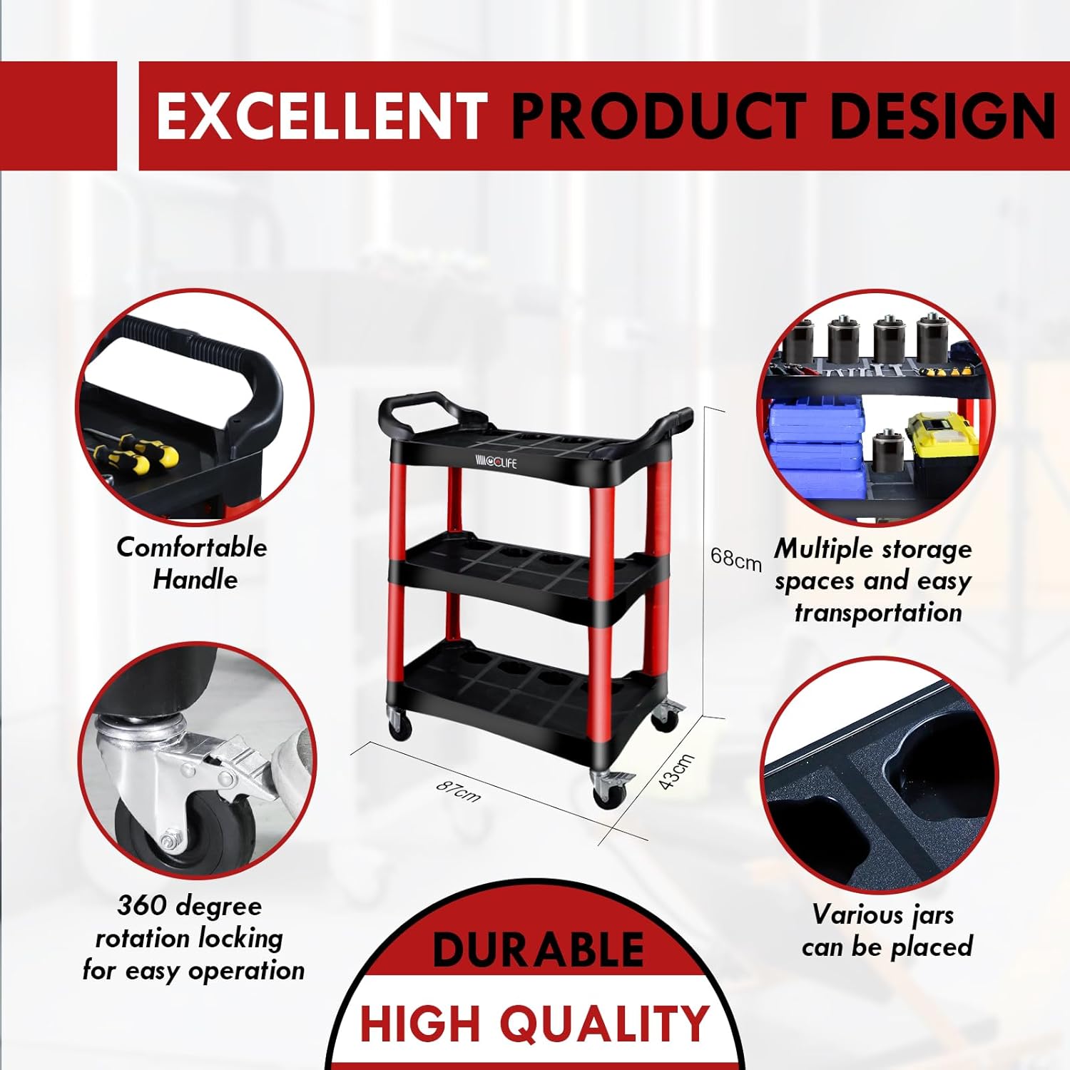 CCLIFE Carro de Taller con 3 Estantes Carro de Herramientas con Compartimentos MAX.150 kg – KnockOutlet