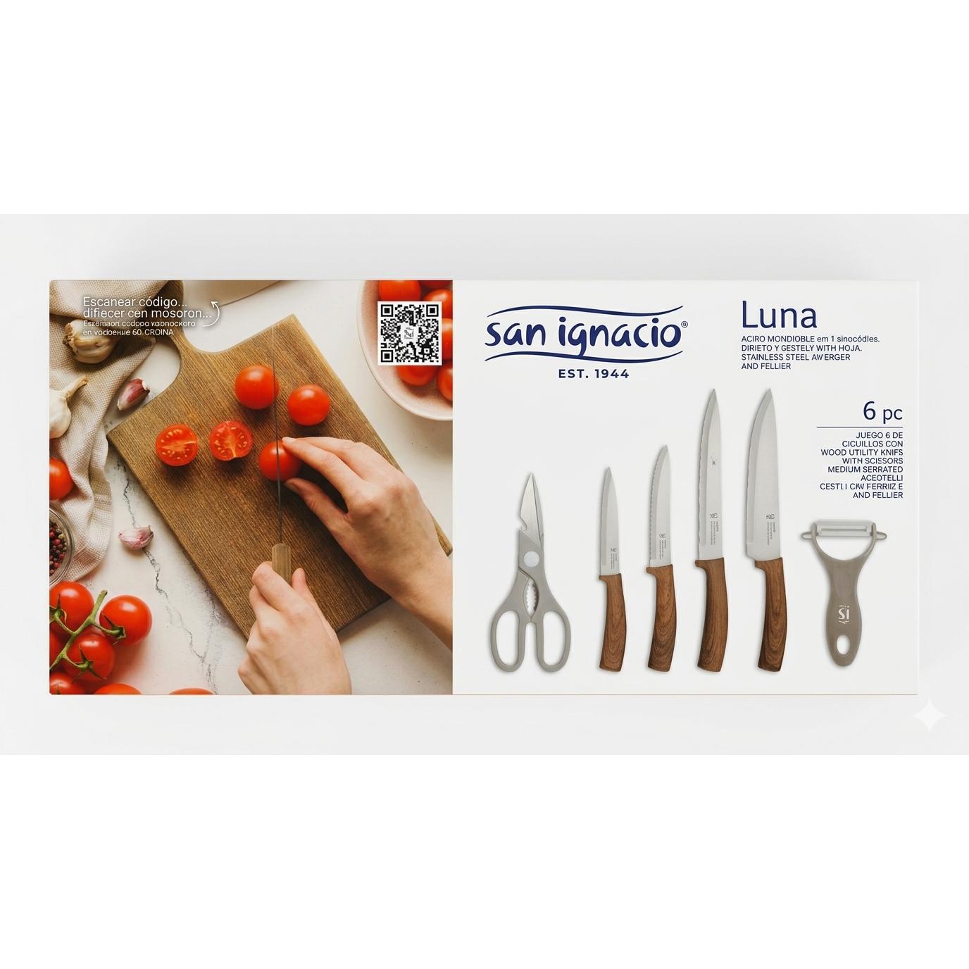Set San Ignacio Luna de seis piezas: cuatro cuchillos, tijeras y pelador