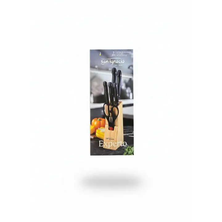 Set San Ignacio de 7 piezas con cinco cuchillos, tijeras y taco de madera
