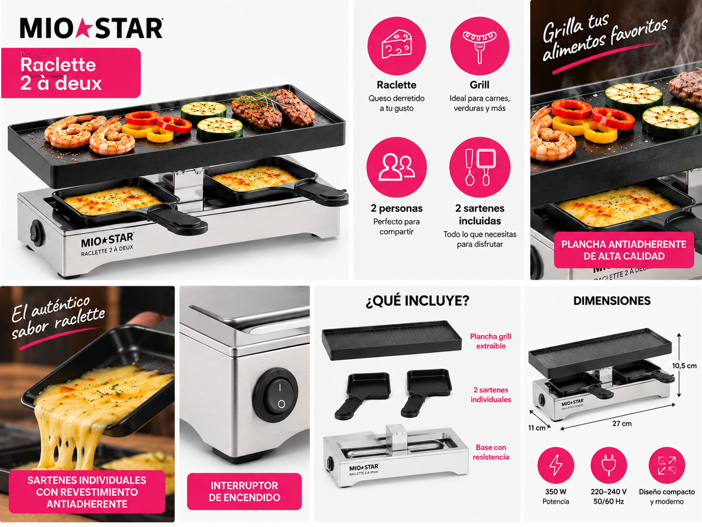 Detalles de la raclette MIOSTAR: plancha, dos sartenes y base eléctrica