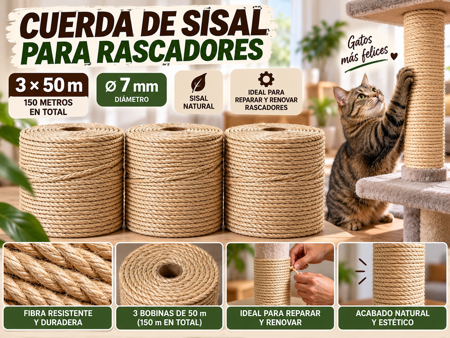 Cuerda de sisal de 7 mm, tres bobinas de 50 m y ejemplos de reparación de rascadores