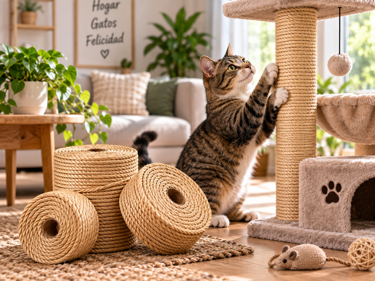 Gato utilizando un rascador de sisal junto a tres bobinas de cuerda