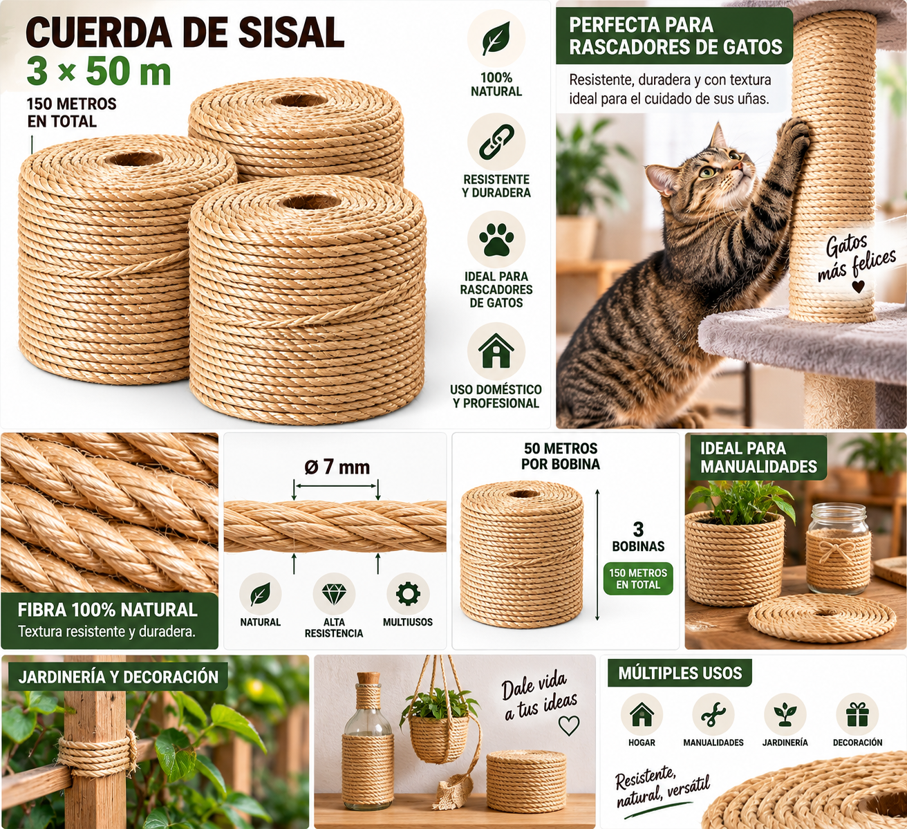 Guía visual de cuerda de sisal de 7 mm para rascadores, manualidades y decoración