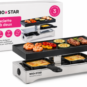 Raclette MIOSTAR 2 à Deux con grill, dos sartenes y su caja