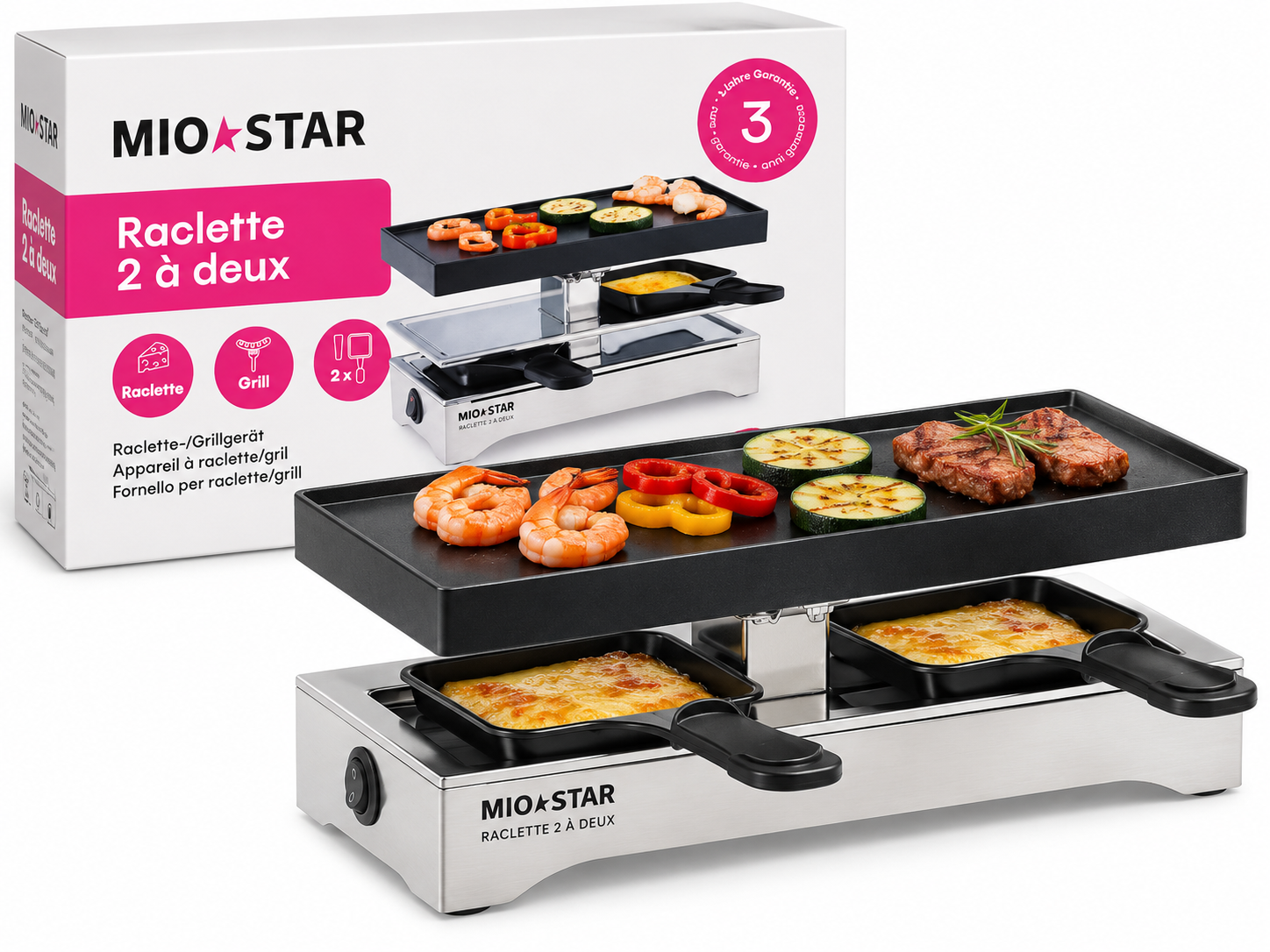 Raclette MIOSTAR 2 à Deux con grill, dos sartenes y su caja