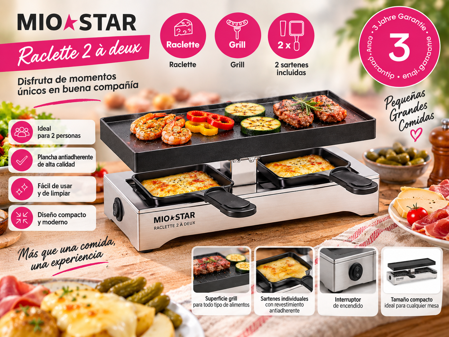 Funciones de la raclette MIOSTAR para dos: grill, sartenes individuales e interruptor